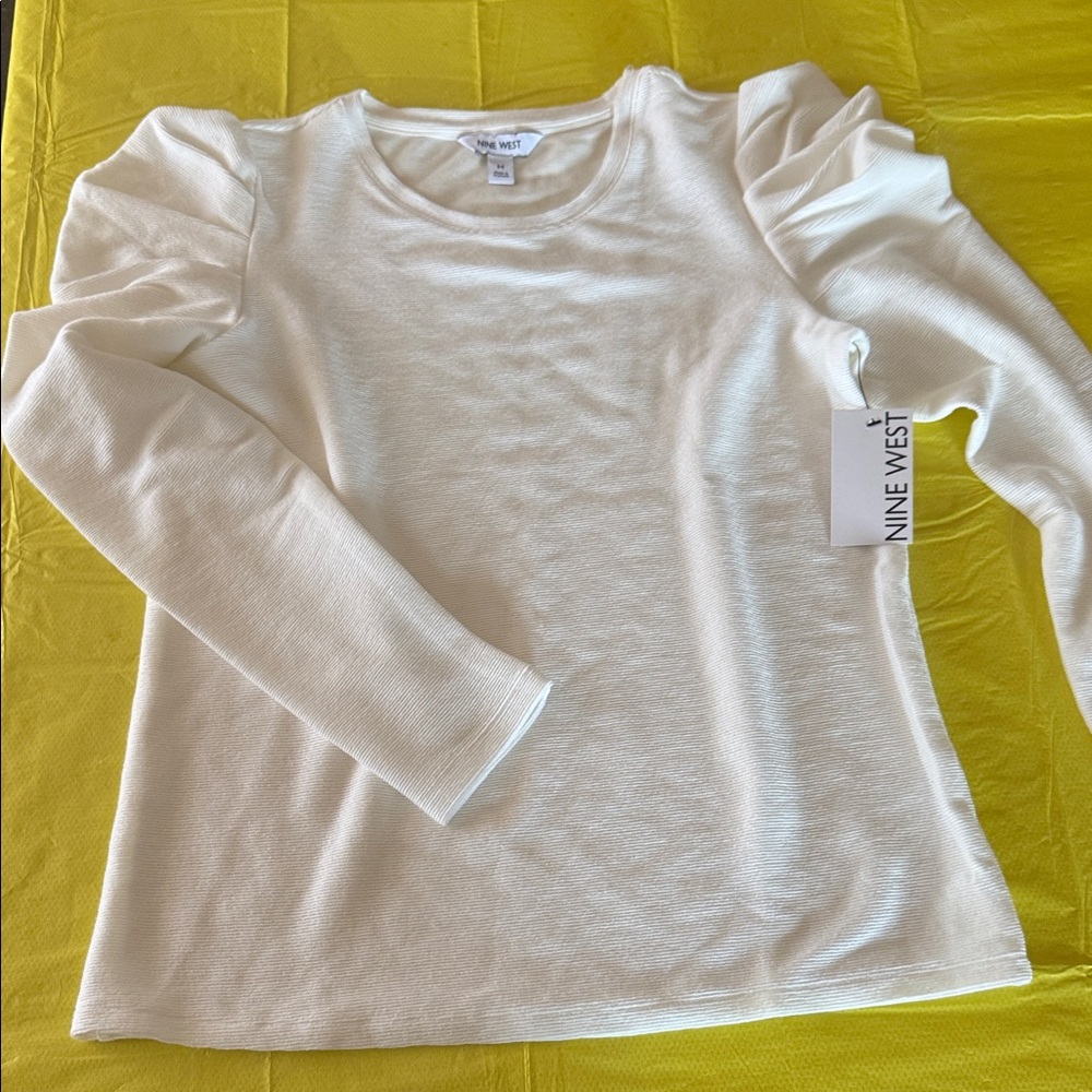 Nine West Ivory Puff-Sleeve Crewneck Top